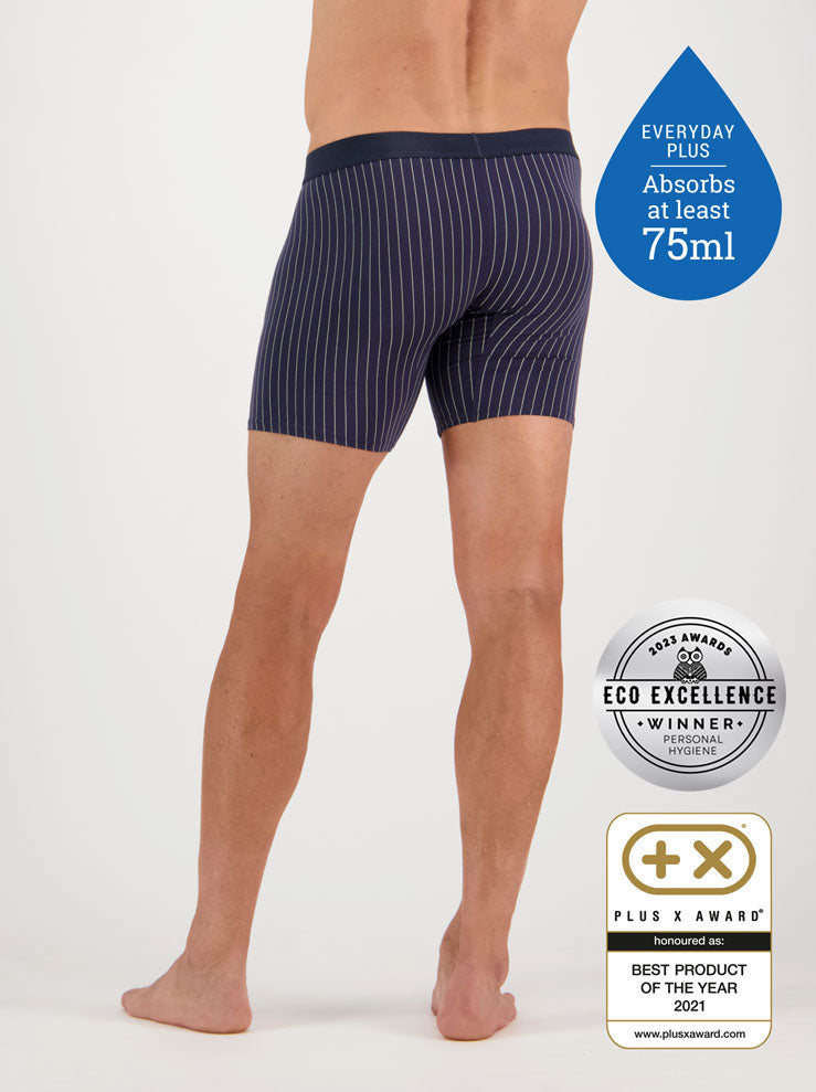 Confitex for Men leakproof long trunks for moderate bladder leakage in navy blue with a grey pinstripe - Back view